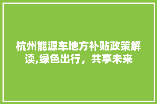 杭州能源车地方补贴政策解读,绿色出行，共享未来