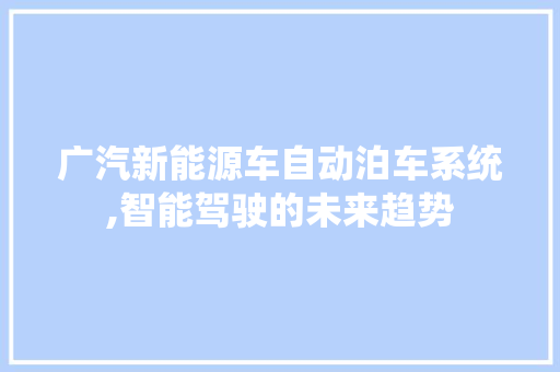 广汽新能源车自动泊车系统,智能驾驶的未来趋势