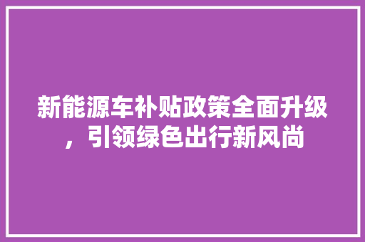新能源车补贴政策全面升级，引领绿色出行新风尚