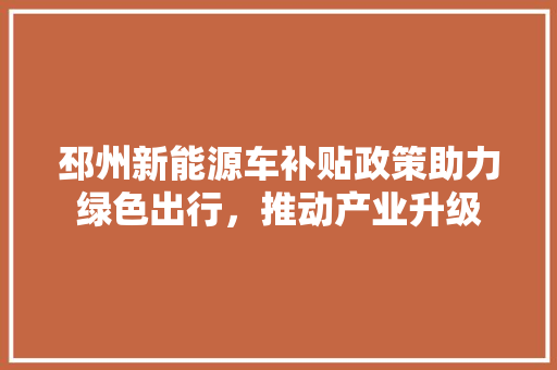 邳州新能源车补贴政策助力绿色出行，推动产业升级
